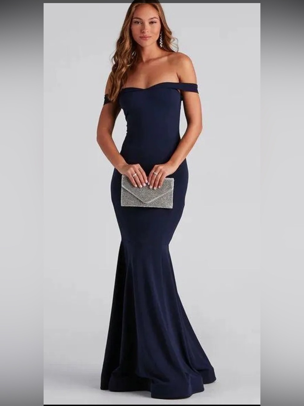 Windsor Off-Shoulder Navy Evening Gown